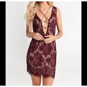 TOBI GABI PLUNGING LACE UP MINI DRESS - WINE & NUDE body con SZ XS corset top